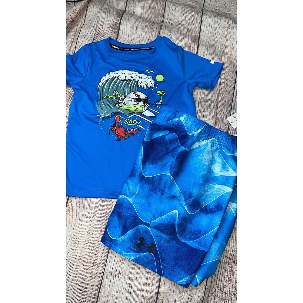 Under Armour Boys Size 4 Baseball Rash Guard Swim Set Outfit Blue NEW